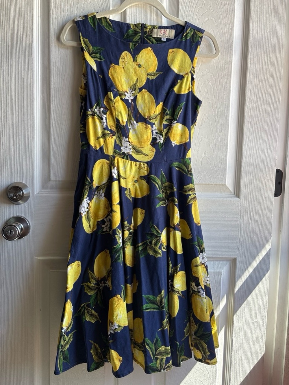 🍋Grace Karin Blue Yellow Floral Fit & Flare Round Neck Knee Dress Sleeveless S